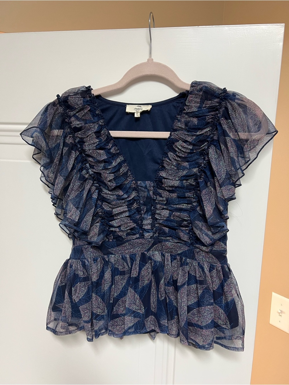 entro Navy Ruffle Peplum Blouse with Printed Overlay